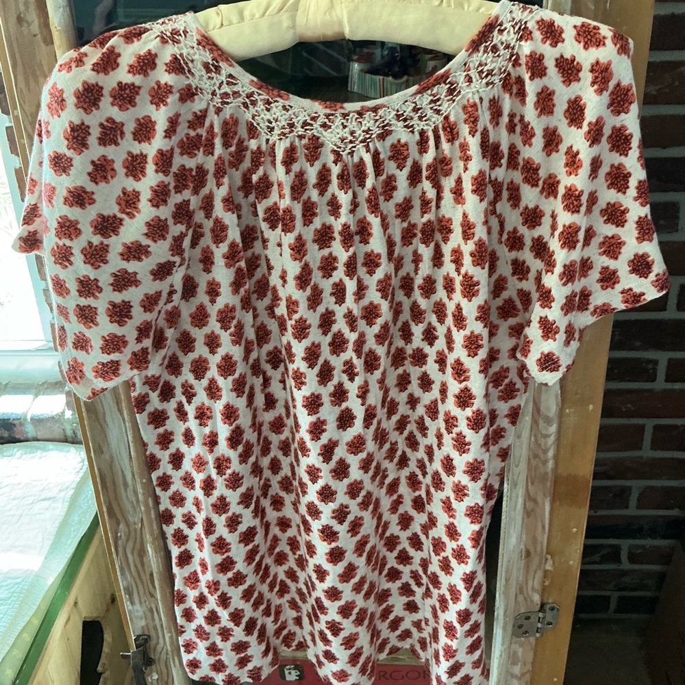 Lucky Brand Boho Tassel Tie Short Sleeve Blouse w/ Smocking - Picture 2 of 5